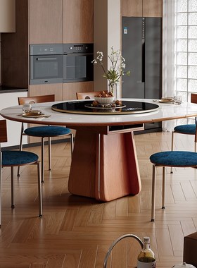 多功能岩板餐桌可伸缩2r025新款电磁炉火锅转盘家用一体可变圆桌