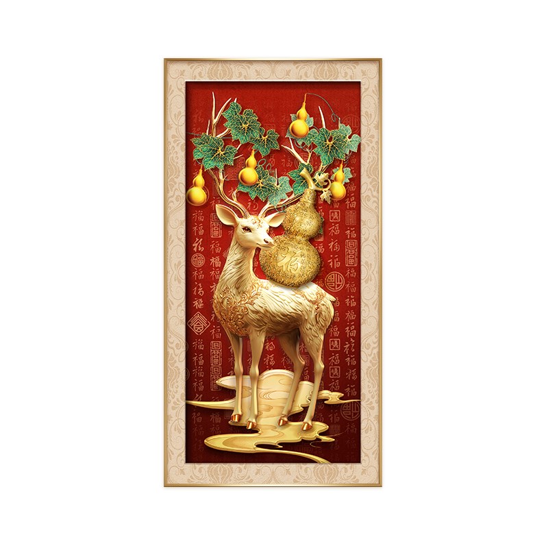 新中式招财鹿玄关装n饰画五福临门走廊挂画葫芦百福图入户带灯壁