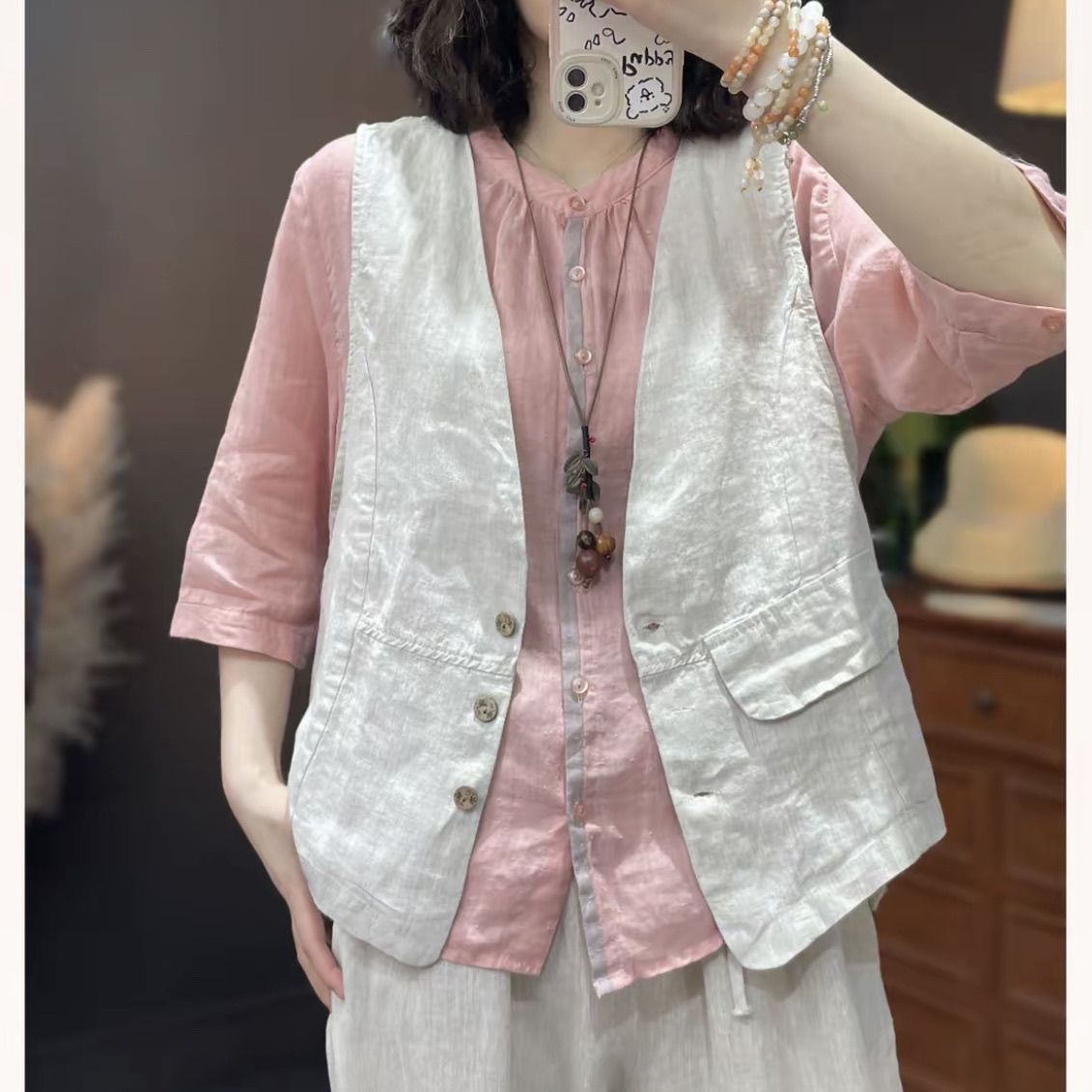夏季新款棉麻文艺宽松女装亚麻薄款背心无袖马甲开衫上衣休闲坎肩