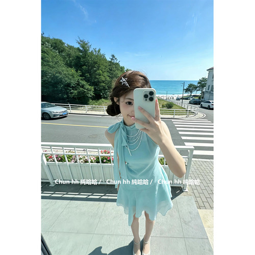 【运费险】蓝色挂脖a字连衣裙女