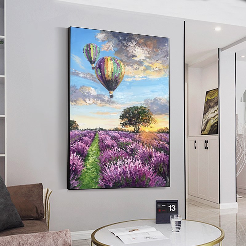 好货手绘油画薰衣草花海玄关背景墙装饰画客厅餐厅挂画热气球轻奢