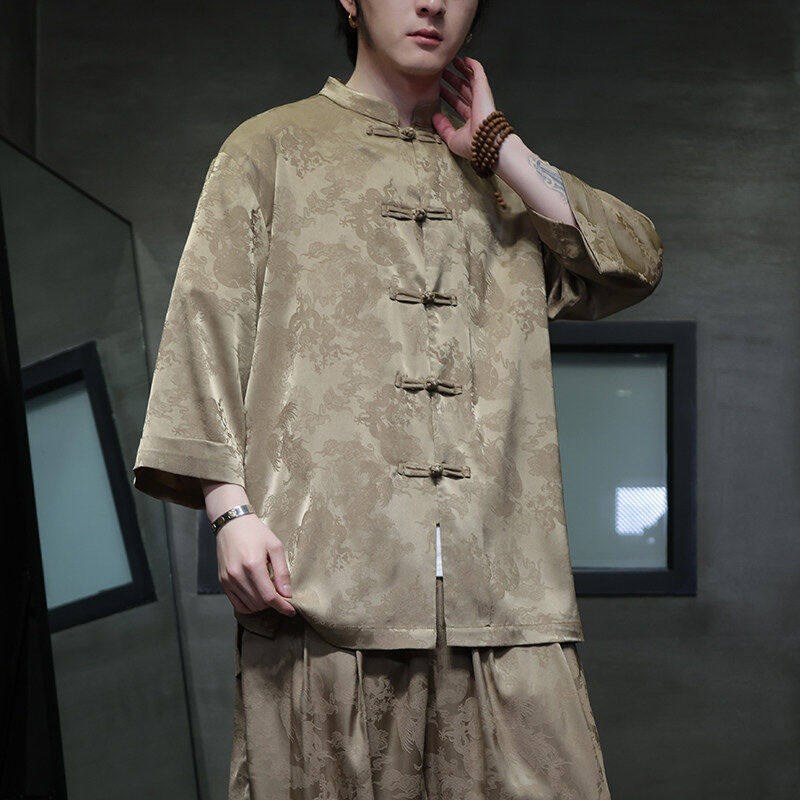 速发中国风男装七分袖夏季轻薄款古风盘扣国潮唐装汉服男上衣