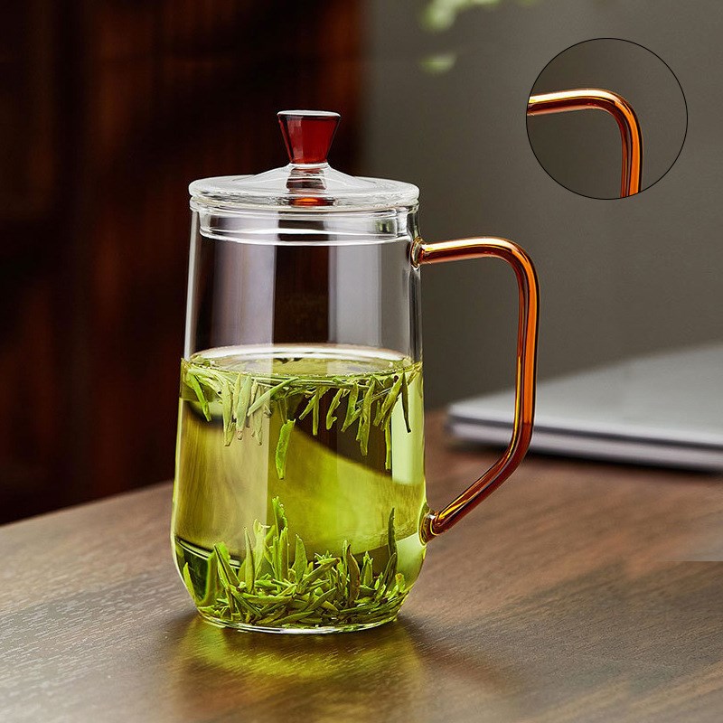 速发绿茶杯高硼硅杯口喝水杯子带把腰细家用办公杯茶水杯