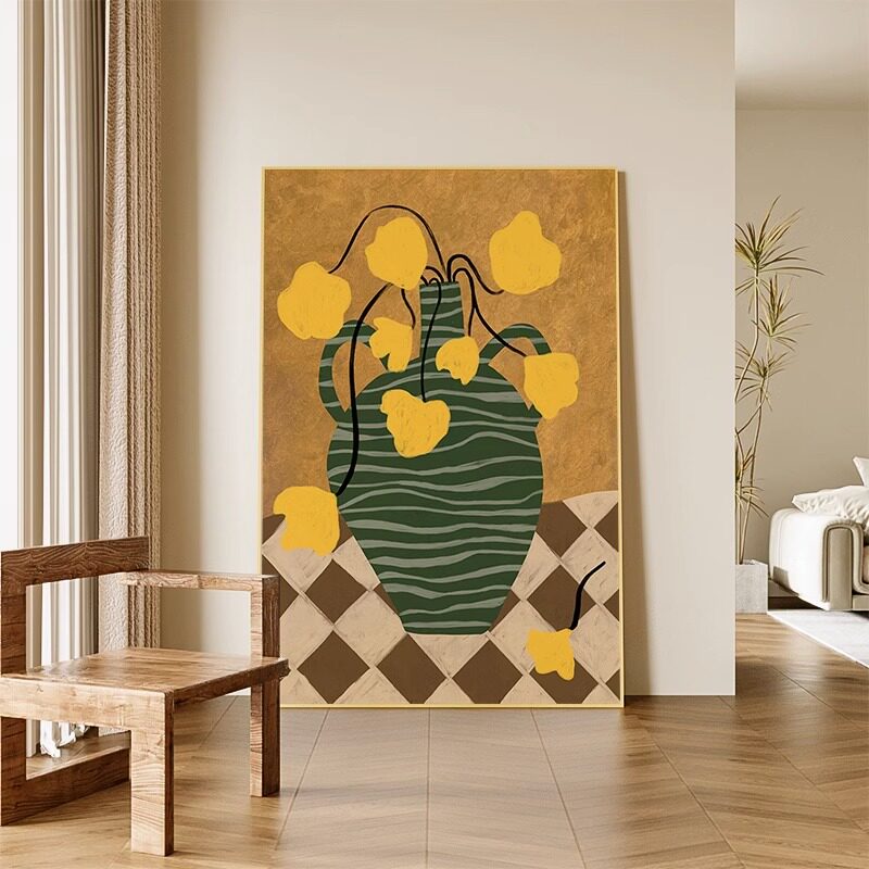 速发棋盘画花小画瓶众创意黄色花入户玄关装饰格寓意客厅进门挂画