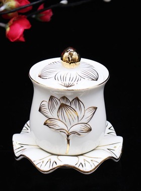 速发佛具用品描金莲杯杯雕浮杯莲花花净水杯供水杯陶瓷莲花大悲水