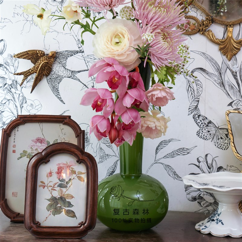 速发复林森古装翡翠绿玻璃花瓶南洋风客厅摆件家居风饰新中式花瓶