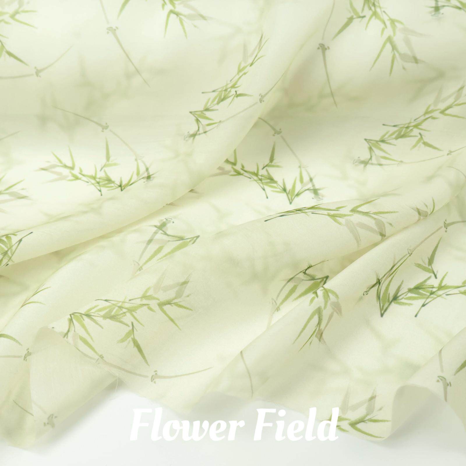 亲肤半透 淡绿色古风竹叶印花天丝麻亚麻面料古装汉服连衣裙布料