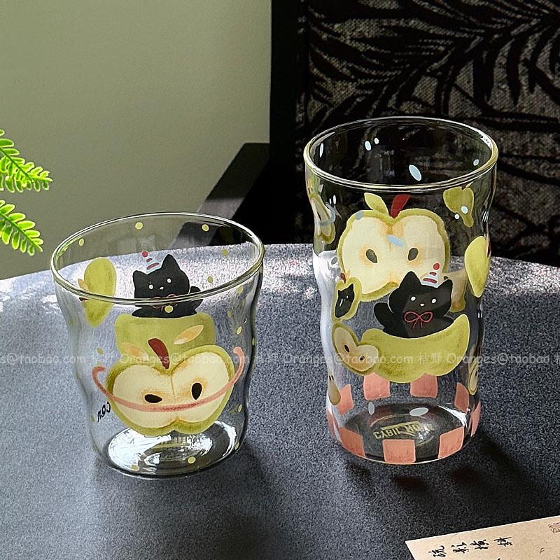 Oranges夏日青趣招手猫咪玻璃杯子高颜值ins家用耐高温水杯果汁杯