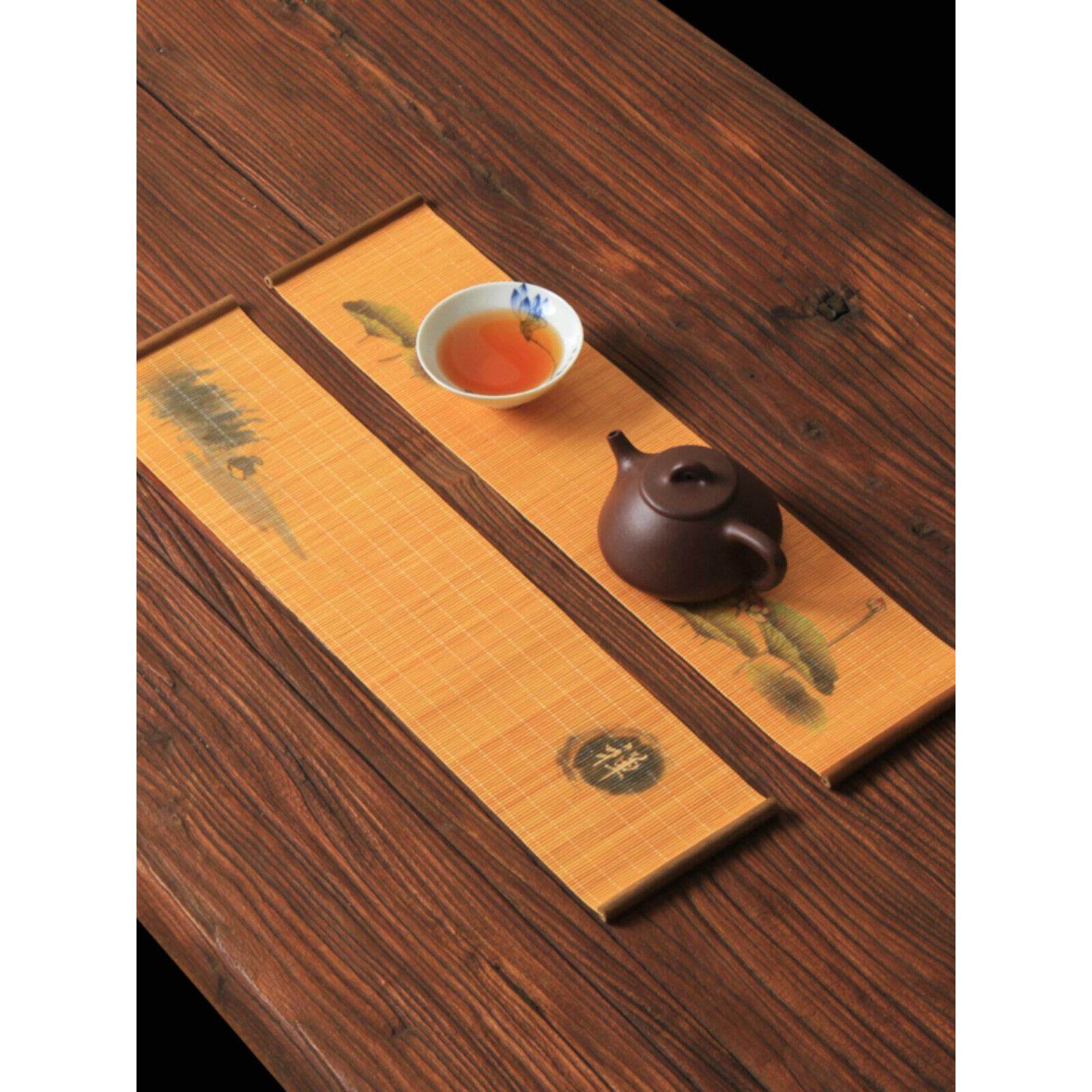 竹编印花古典竹茶席喷绘小茶帘禅意桌旗隔热杯垫干泡茶道茶具配件