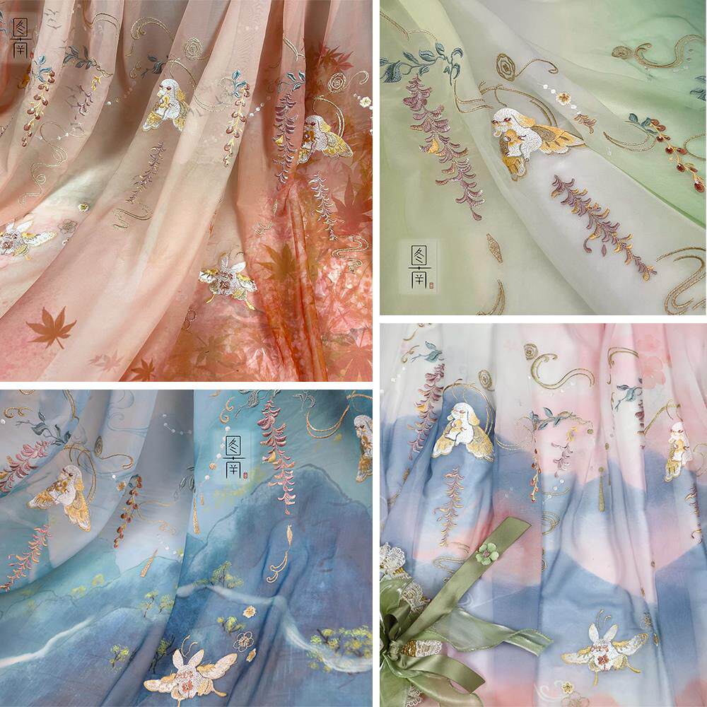 原创汉服古风布料小兔子紫藤绣花印花面料设计师襦裙马面diy布料