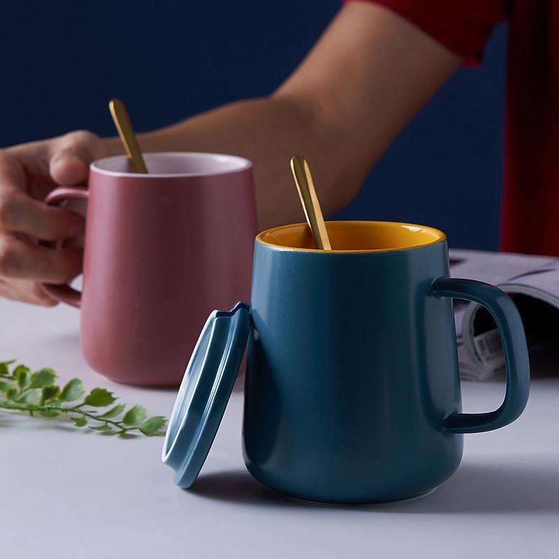 杯子创意个性潮流马克杯喝水杯带盖勺家用情侣杯简约ins风办公室
