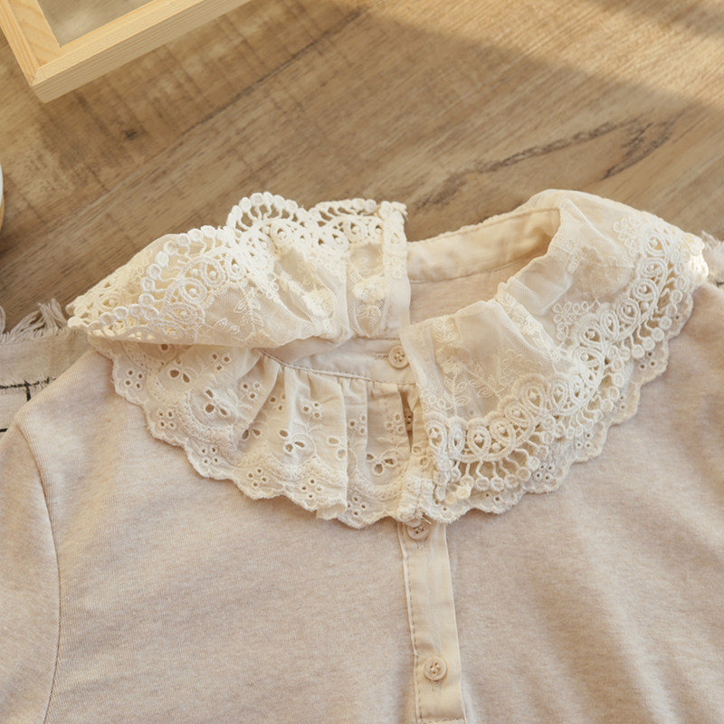 新款 森女系双层花边领半扣套头柔软全棉弹力长袖T恤打底衫女3960