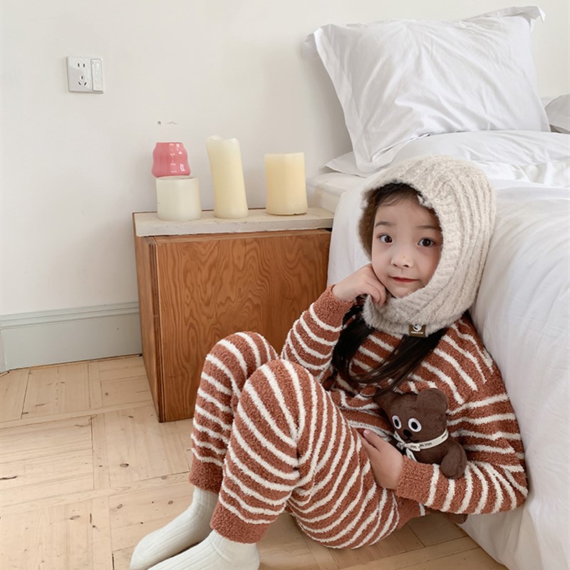 女童宝宝柔软棉花糖加厚保暖毛绒条纹家居服套装冬季儿童睡衣睡裤