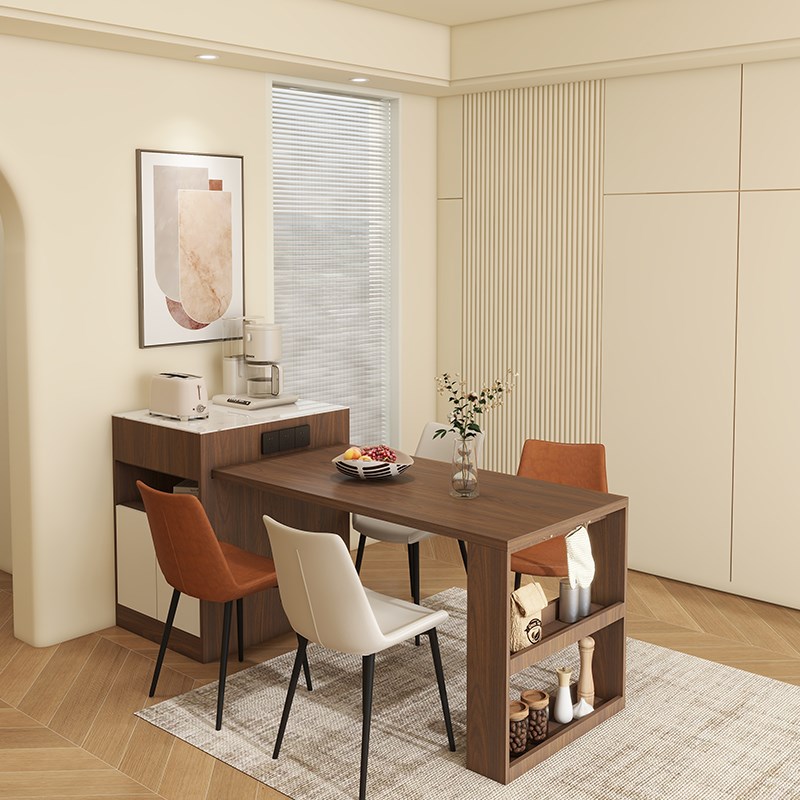 实木岩板中岛台餐桌多功能储物可伸缩长方形餐桌家用客厅收纳定制