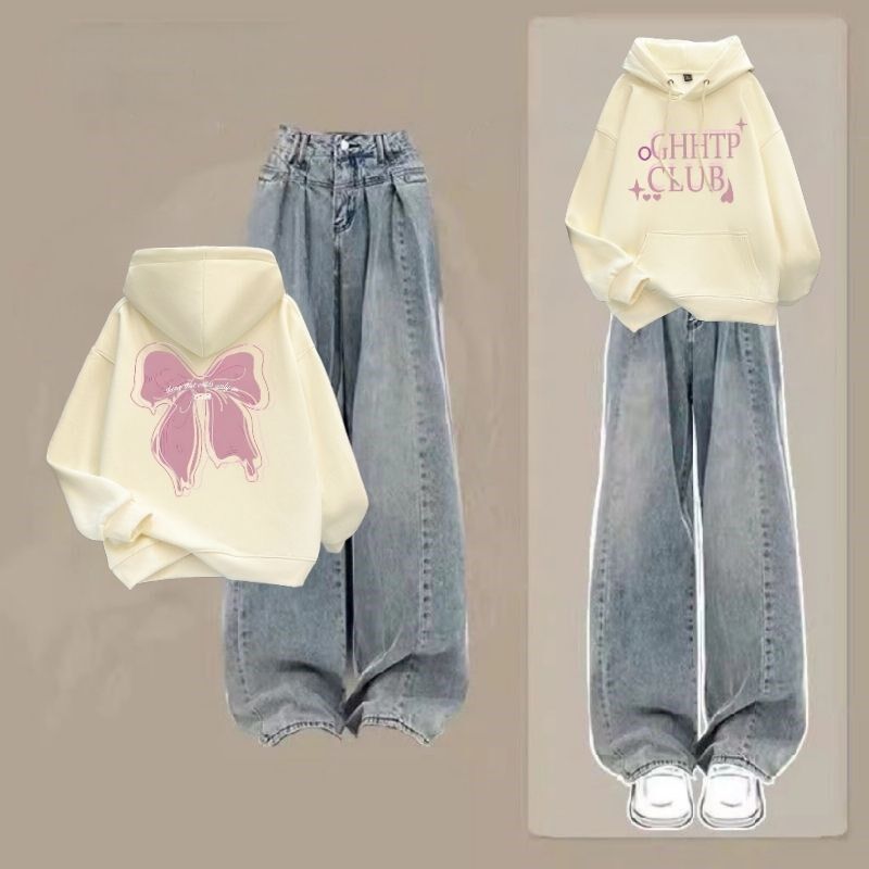 法国女童秋装2024新款套装洋气时髦冬季卫衣女孩学院风牛仔裤两件