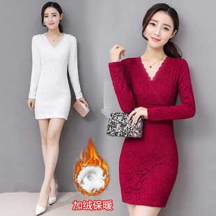 加绒加厚蕾丝衫2021冬季新款中长款长袖t恤大码女装打底衫上衣女