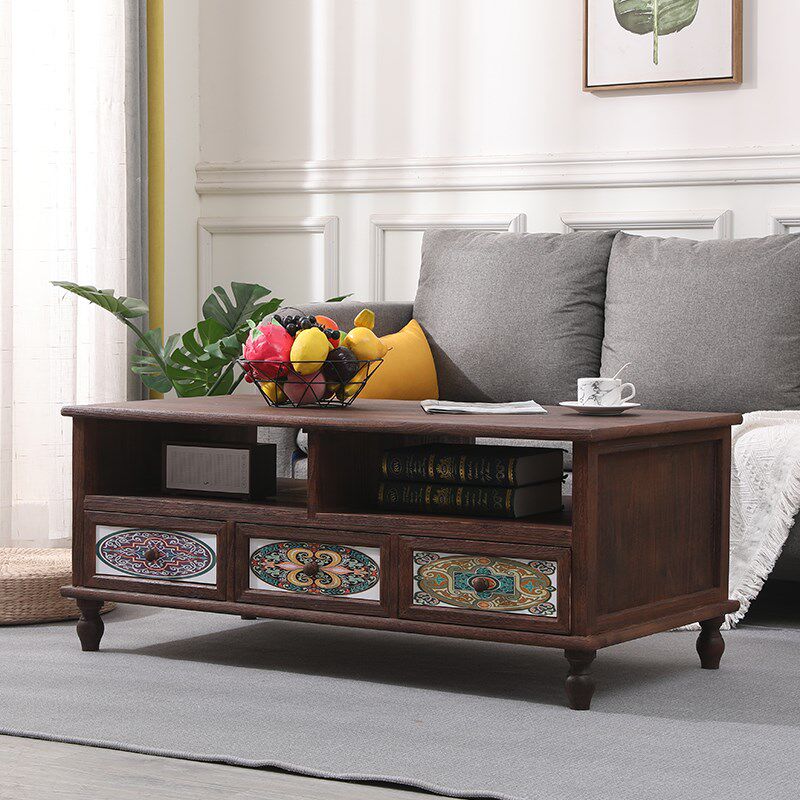 美式实木茶几加厚实木做旧客厅茶几复古收纳储物柜电视柜茶几组合