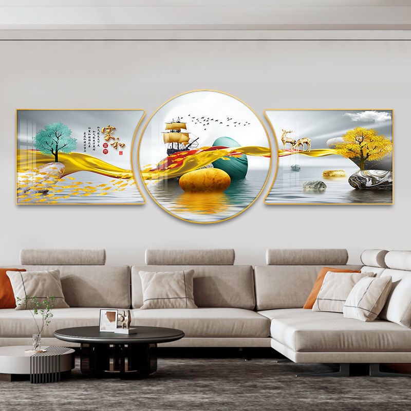 家和富贵客厅装饰画新中式沙发背景墙挂画轻奢三联画2023新款壁画