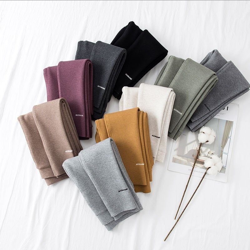 薄绒打底裤女外穿秋冬加绒螺纹九分纯棉高腰保暖灰色棉裤春秋大码