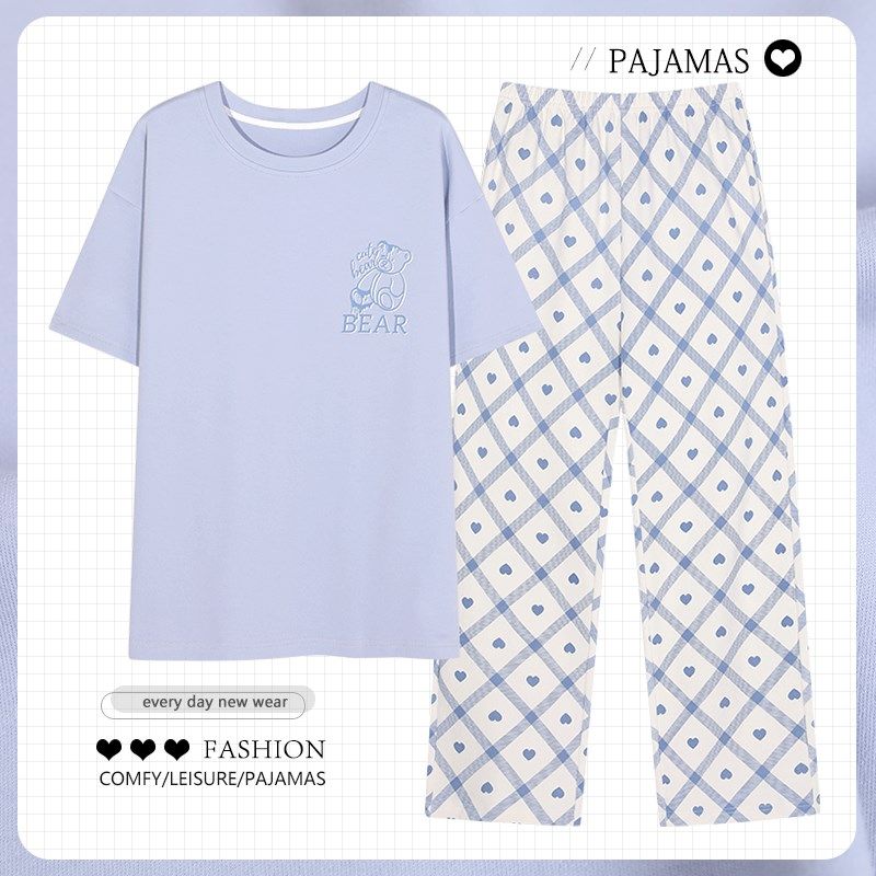 中年妈妈睡衣夏季薄款纯棉短袖长裤套头妇女士家居服夏天休闲大码