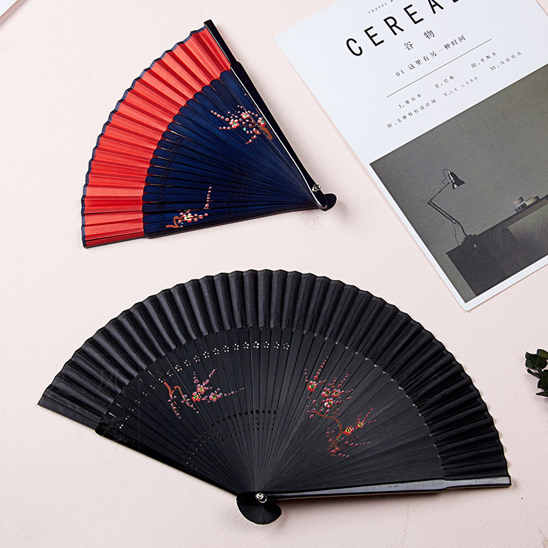 手绘双梅小折扇日式随身便携折叠古风中国风汉服旗袍折叠竹制扇子