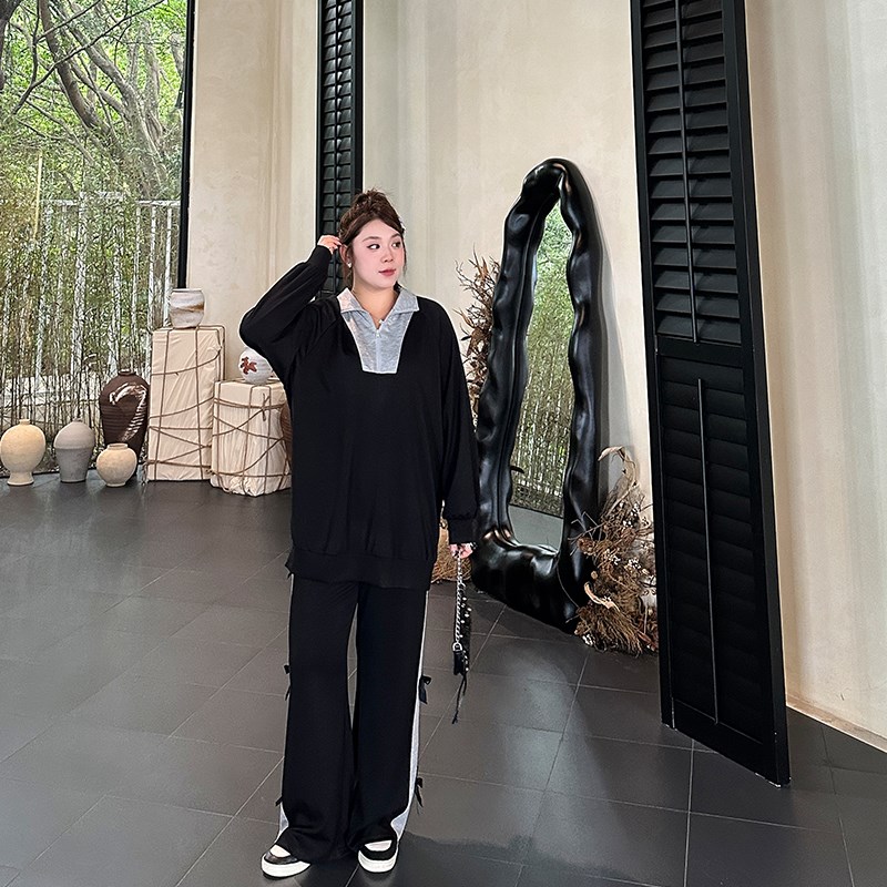撞色空气层宽松休闲套装大码女装秋季新款胖mm显瘦卫衣卫裤两件套