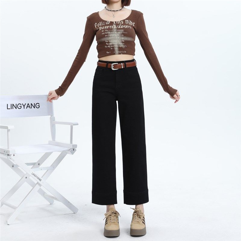 直筒牛仔裤女2024新款黑色宽松显瘦垂坠感窄版高腰翻边复古九分裤