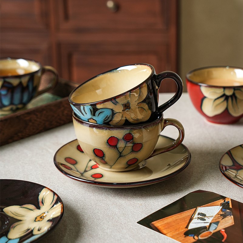 舍里复古花卉咖啡杯碟套装家用创意情侣杯马克杯早餐杯下午茶杯子