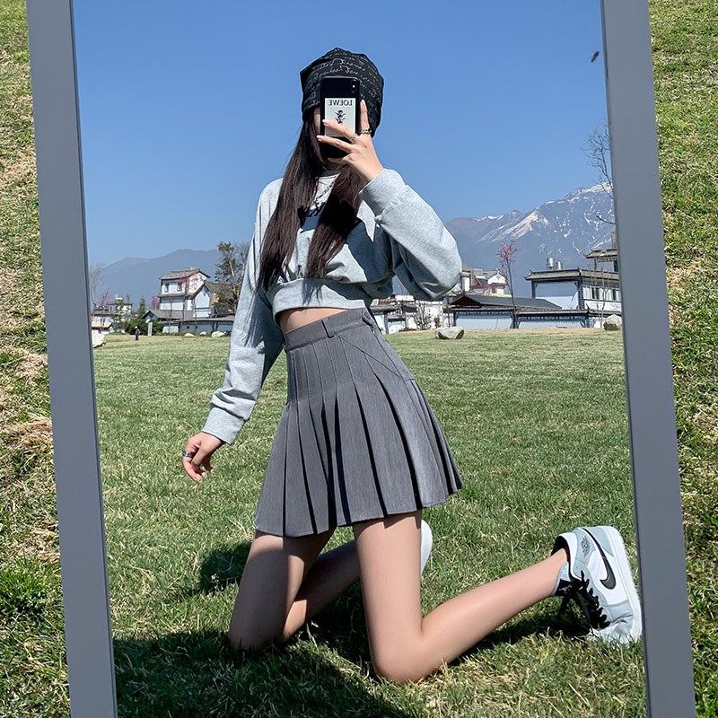 百褶裙女夏高腰a字显瘦半身裙春秋学生灰色西装面料学院风短裙裤