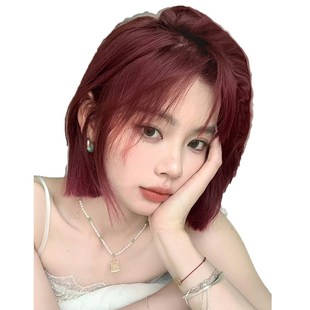 一刀切红色假发短发女网红Lolita齐刘海波波头短直发自然全头套式