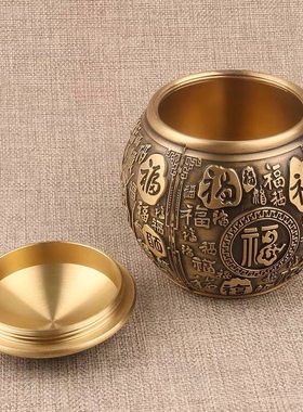 纯黄铜百福聚宝盆茶叶罐带盖米缸办公室书房小摆件装饰品开业礼品
