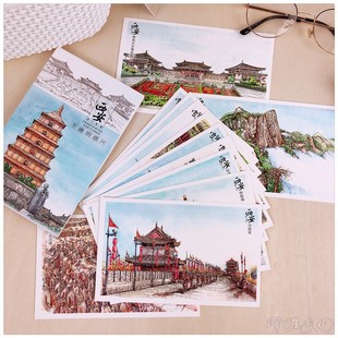 西安摄影手绘版明信片 大雁塔兵马俑钟鼓楼 古都美食旅游纪念贺卡