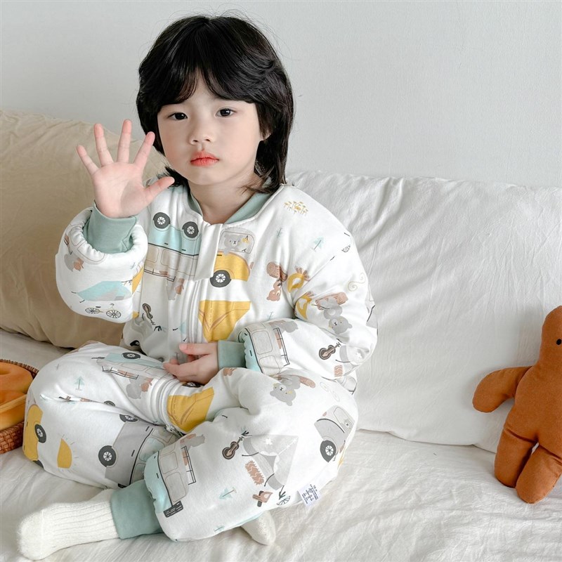 宝宝睡袋冬季男童女童卡通纯棉连体睡衣婴幼儿夹棉加厚防踢被神器