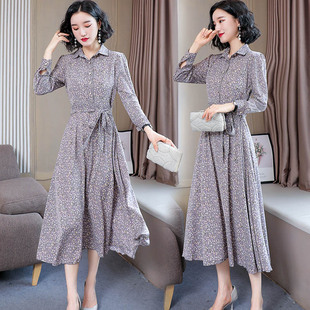 长袖雪纺连衣裙女秋冬装显瘦收腰绑带气质长款大码方领碎花衬衫裙