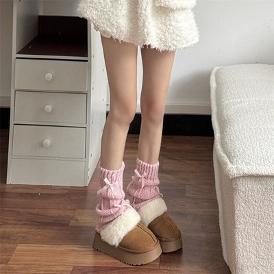 马海毛蝴蝶结可爱小袜套羊毛柔软保暖护脚短款毛线腿套脚套堆堆袜