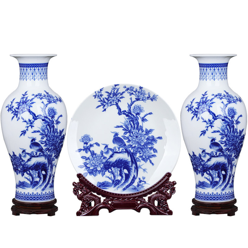 景德镇青花瓷陶瓷花瓶大号三件套新中式摆件酒柜装饰品客厅插花,家居饰品,花瓶,淘宝优惠券,粉丝福利购,淘宝优惠卷
