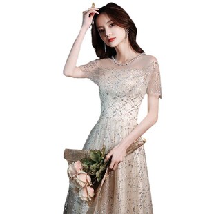 网红款香槟色晚礼服名媛仙气端庄气质秋季生日伴娘裙主持人定婚服