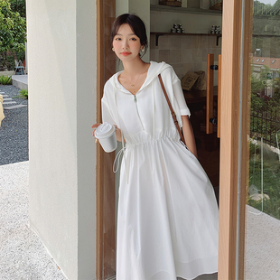 速发连帽白腰连衣裙夏收色法式计歇初恋小众设茶感高级a字裙子