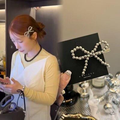韩国简约新款圆珠蝴蝶结发夹刘海夹发饰女ins风气质珍珠发夹