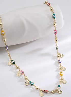 澳古 INS波西米亚风滴油恶魔之眼项链女铜镀真金锁骨链 跨境