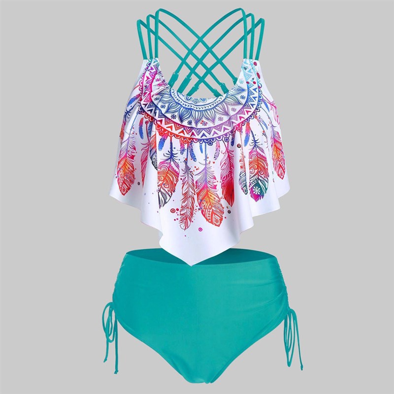新品Plus Size Tankini Swimsuits Women Feather Print Push-up