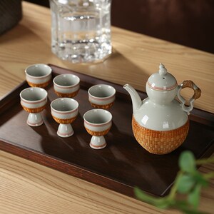 好货中式竹编茶杯酒杯套装家用陶瓷酒具北溪堂仿古分酒器清酒壶小