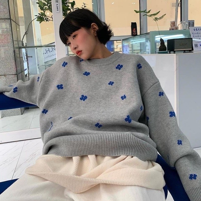新品Autumn New Simple Sweet Floral Pullovers Femme Casual Lo