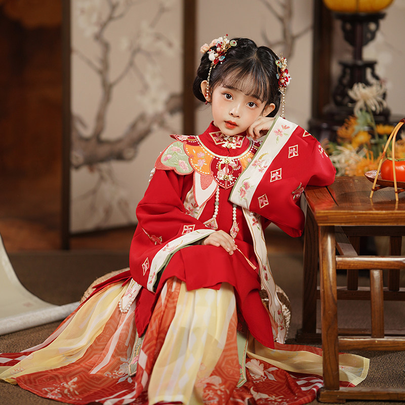 速发女童汉服春秋高端明制云肩中国风大袖唐装儿童小女孩演出红色