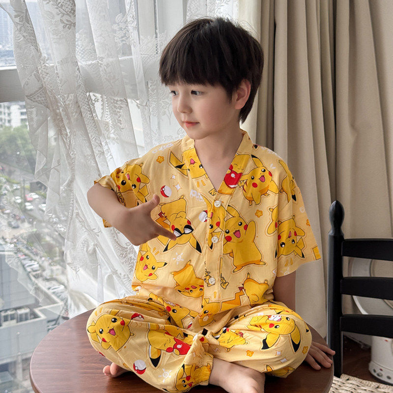 速发儿童立领睡衣男孩夏季薄款男女童大童长裤棉绸家居空调服