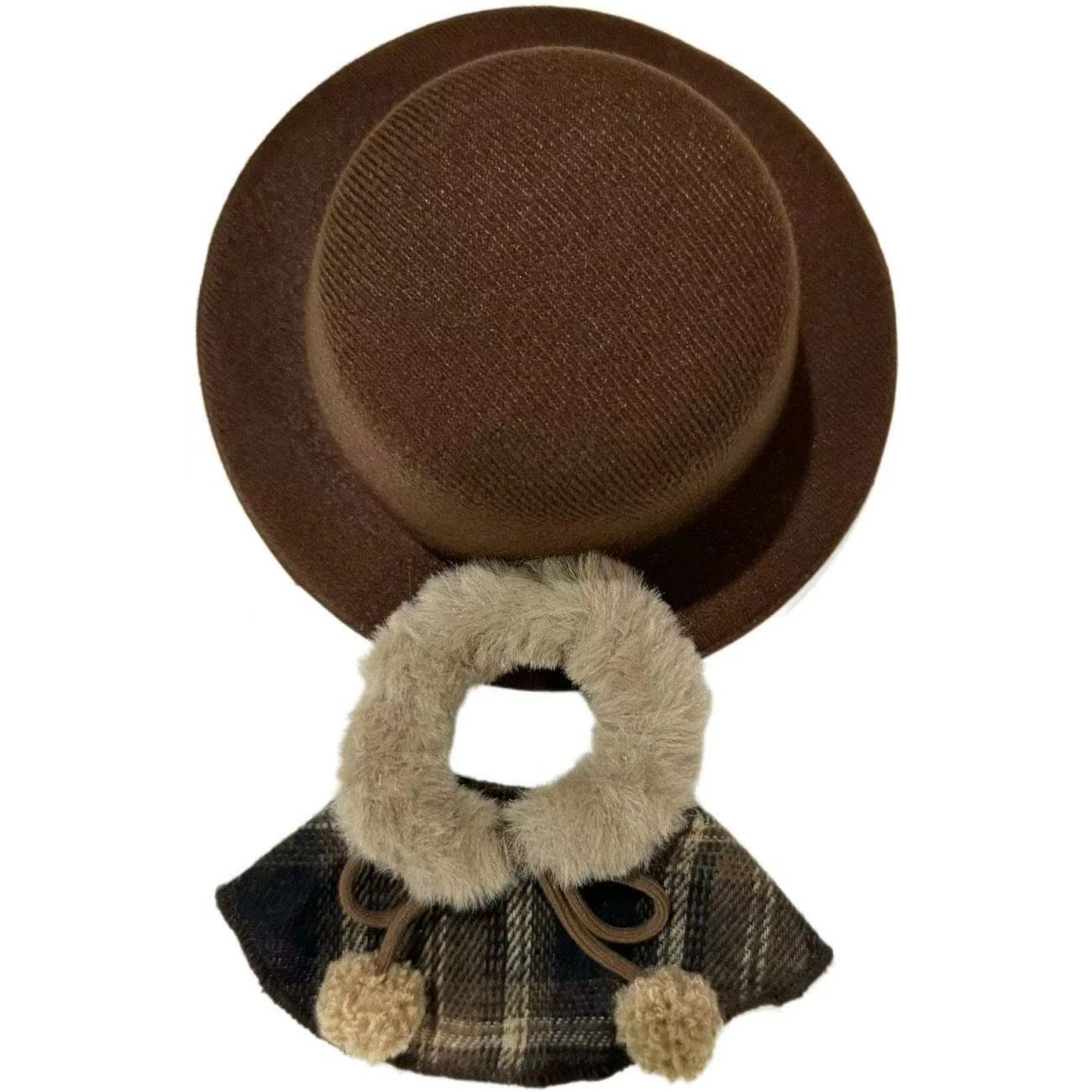 高颜值复古格纹毛绒斗篷10cm公仔玩偶娃用礼帽娃衣新年套装礼帽