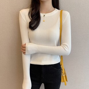 好货黑色圆领毛衣女2023秋冬修身薄款长袖短款紧身内搭针织打底衫
