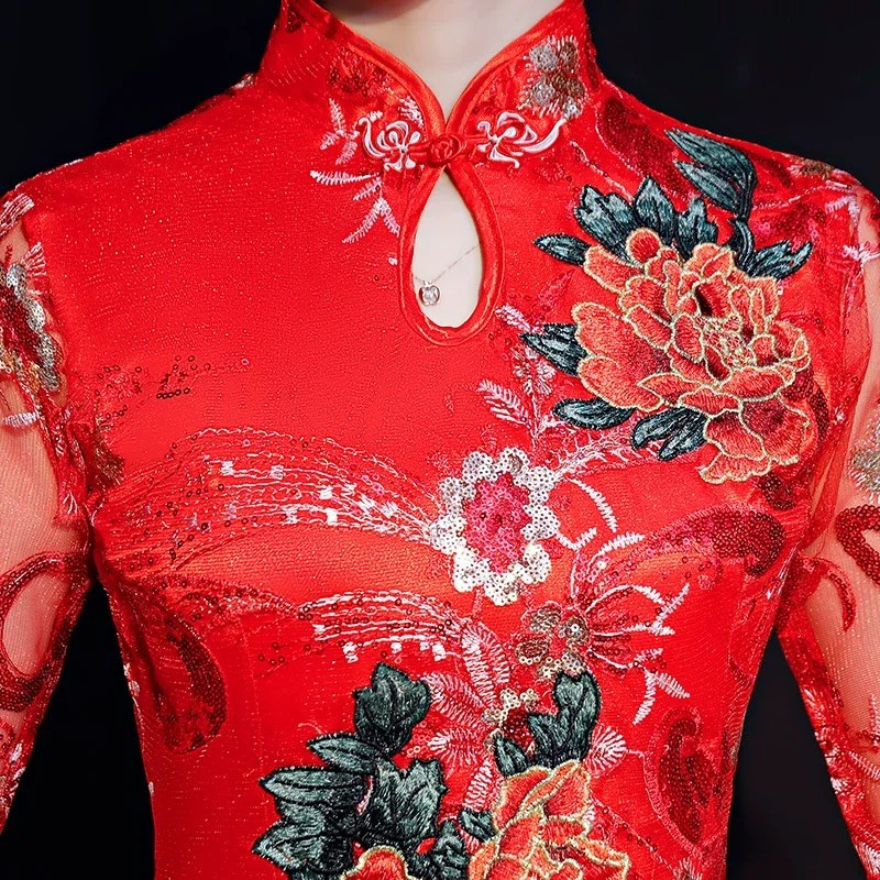 2025新款大红色演出服旗袍成人合唱团主持人表演显瘦宴会晚礼服裙