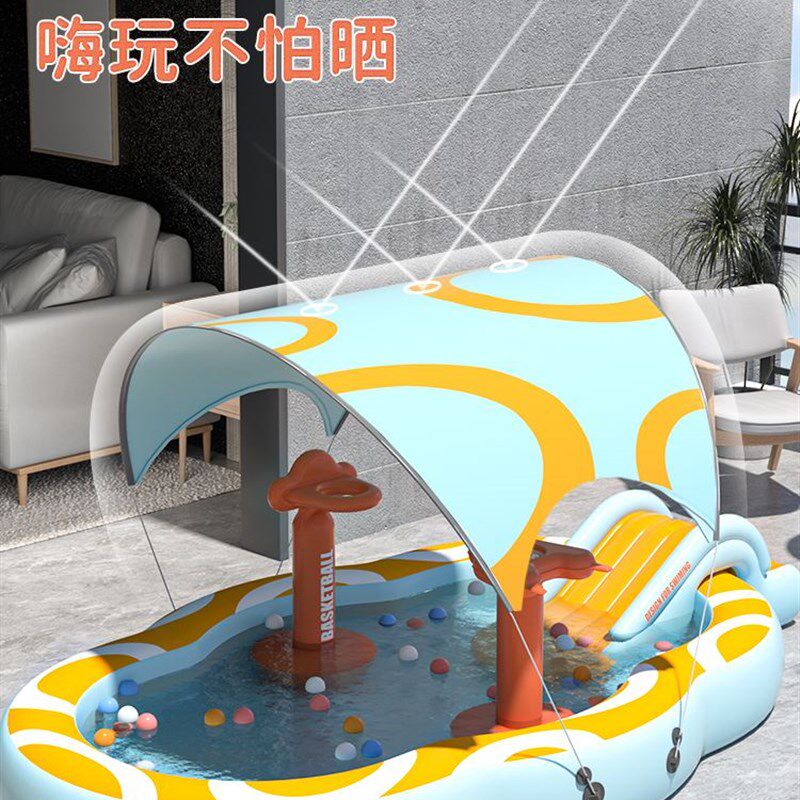 极速夏天游泳池儿童家用小型遮阳小孩玩水池带滑梯冲气戏水池室外
