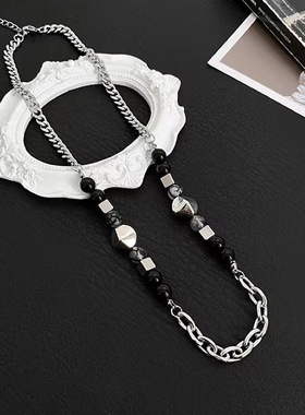 极速Titanium steel black agate hip hop collarbone necklace m